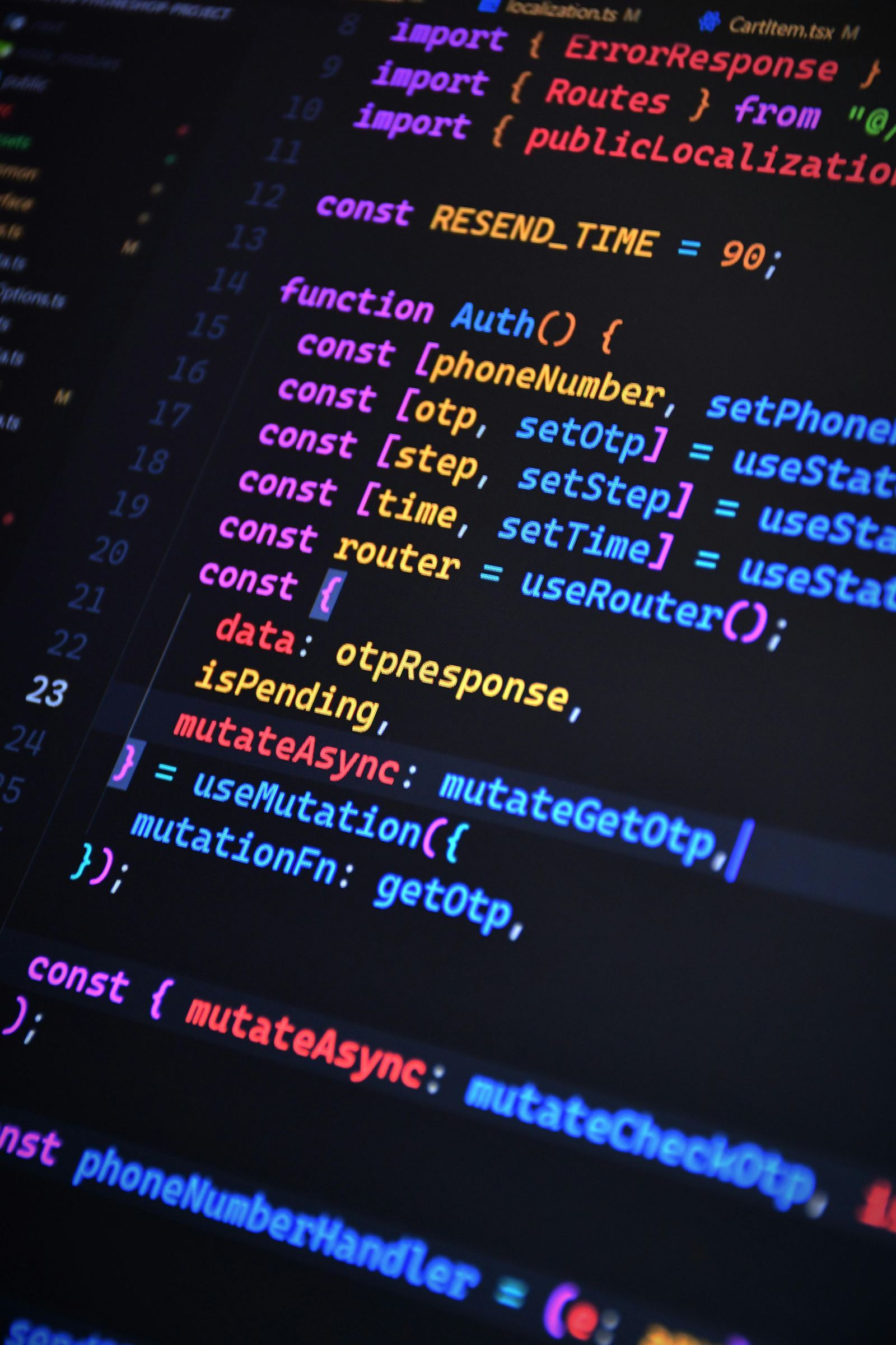 Close-up of colorful application code in an editor